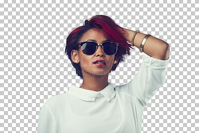 Buy stock photo Fashion, serious and face of woman with sunglasses on isolated, png and transparent background Confidence, beauty and person with red hair in stylish clothes, trendy accessories and casual clothes