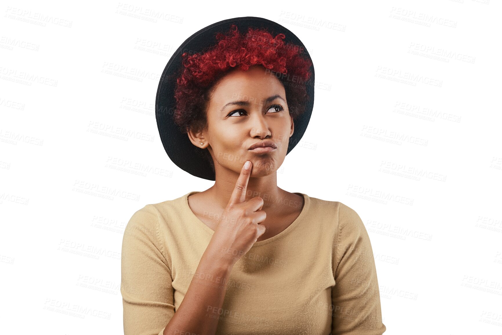 Buy stock photo Fashion, ideas and black woman with hat thinking isolated on transparent png background. Vision, confused and unsure person in cool outfit, trendy style and casual clothes with decision or choice