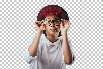 Buy stock photo Fashion, thinking and face of woman with glasses on isolated, png and transparent background. Attractive, style and person with decision, option and choice in stylish outfit, accessory and trendy hat