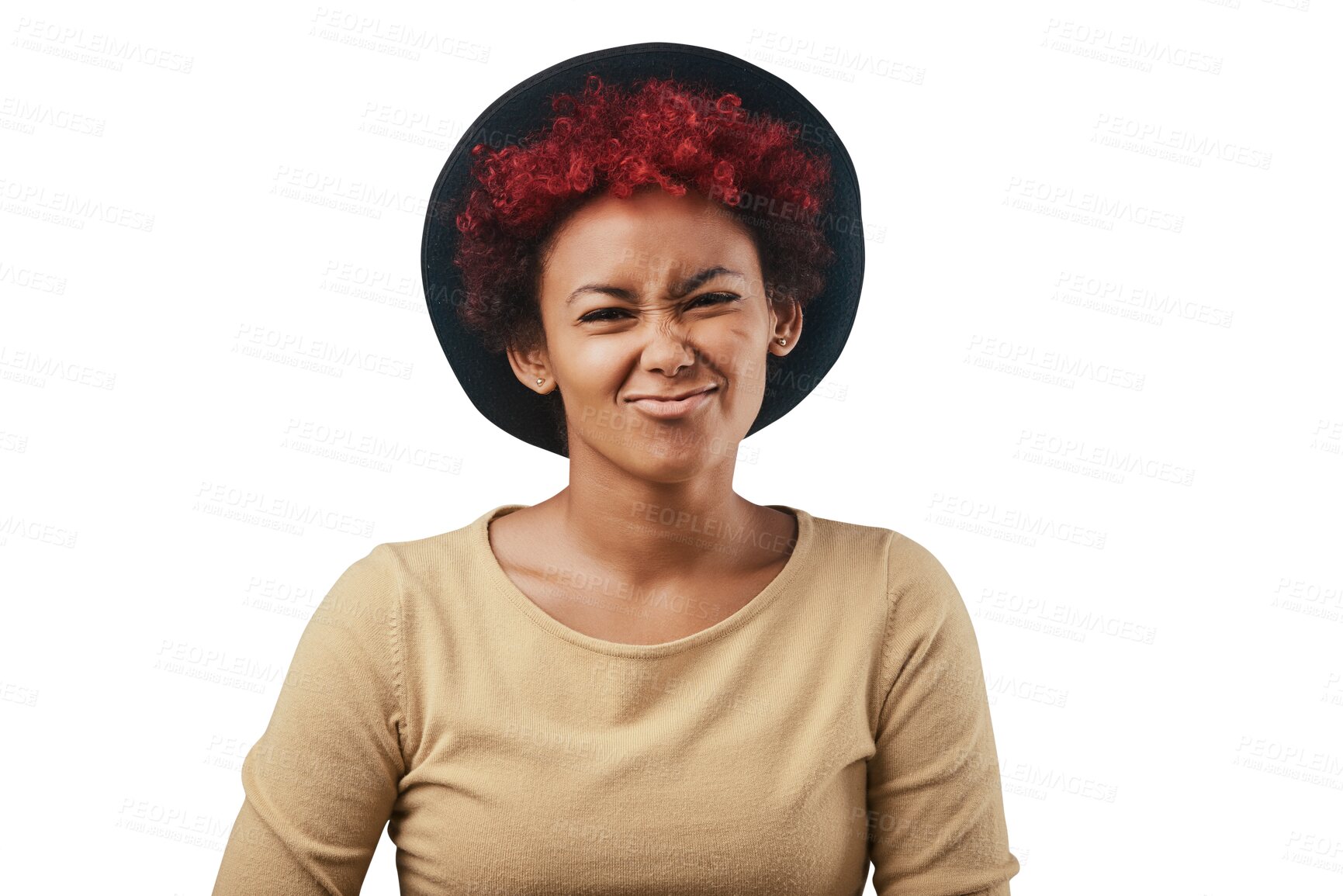 Buy stock photo Fashion, hat and portrait of woman with funny face or facial expression isolated on transparent png background. Attractive, confident and female person in cool outfit, trendy style and casual clothes