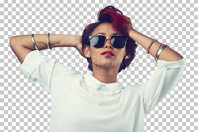 Buy stock photo Fashion, confidence and face of woman with sunglasses on isolated, png and transparent background Confidence, beauty and person with red hair in stylish clothes, trendy accessories and casual clothes