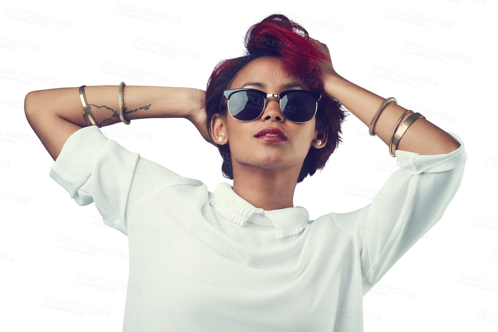 Buy stock photo Fashion, confidence and face of woman with sunglasses on isolated, png and transparent background Confidence, beauty and person with red hair in stylish clothes, trendy accessories and casual clothes