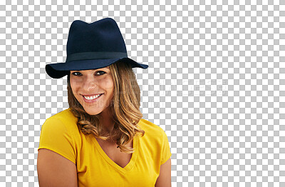 Buy stock photo Woman, hat and smile with trendy, fashion and confidence with happiness and casual style. Model, proud and face with portrait and outfit for cool look isolated on a transparent, png background