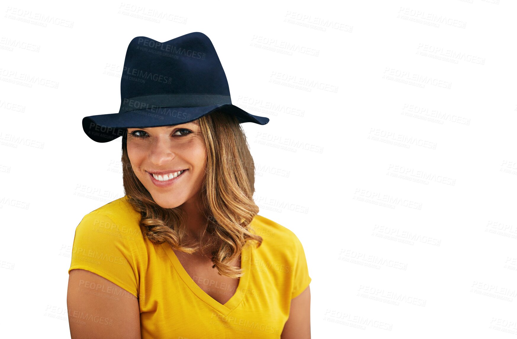Buy stock photo Woman, hat and smile with trendy, fashion and confidence with happiness and casual style. Model, proud and face with portrait and outfit for cool look isolated on a transparent, png background
