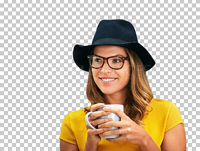 Buy stock photo Woman, thinking and smile with glasses, fashion and coffee with happiness and casual style. Model, face and trendy fashionable outfit with planning and hat isolated on a transparent, png background