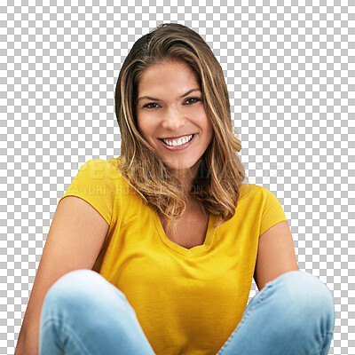 Buy stock photo Fashion, portrait and woman happy with casual, style or comfortable clothes on isolated,  transparent or png background. Relax, smile and face of Mexican female model in feel good mood or confidence