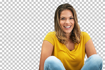 Buy stock photo Young, woman and portrait in casual clothes with smile, relax and confident for cool style. Mexican model or happy person sitting with modern fashion isolated on a transparent and PNG background