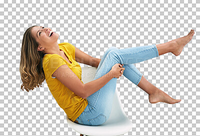 Buy stock photo Happy, fashion and woman on chair laughing on isolated, PNG and transparent background. Humor, funny joke and person with confidence, joy and pride in trendy clothes, modern style and casual outfit