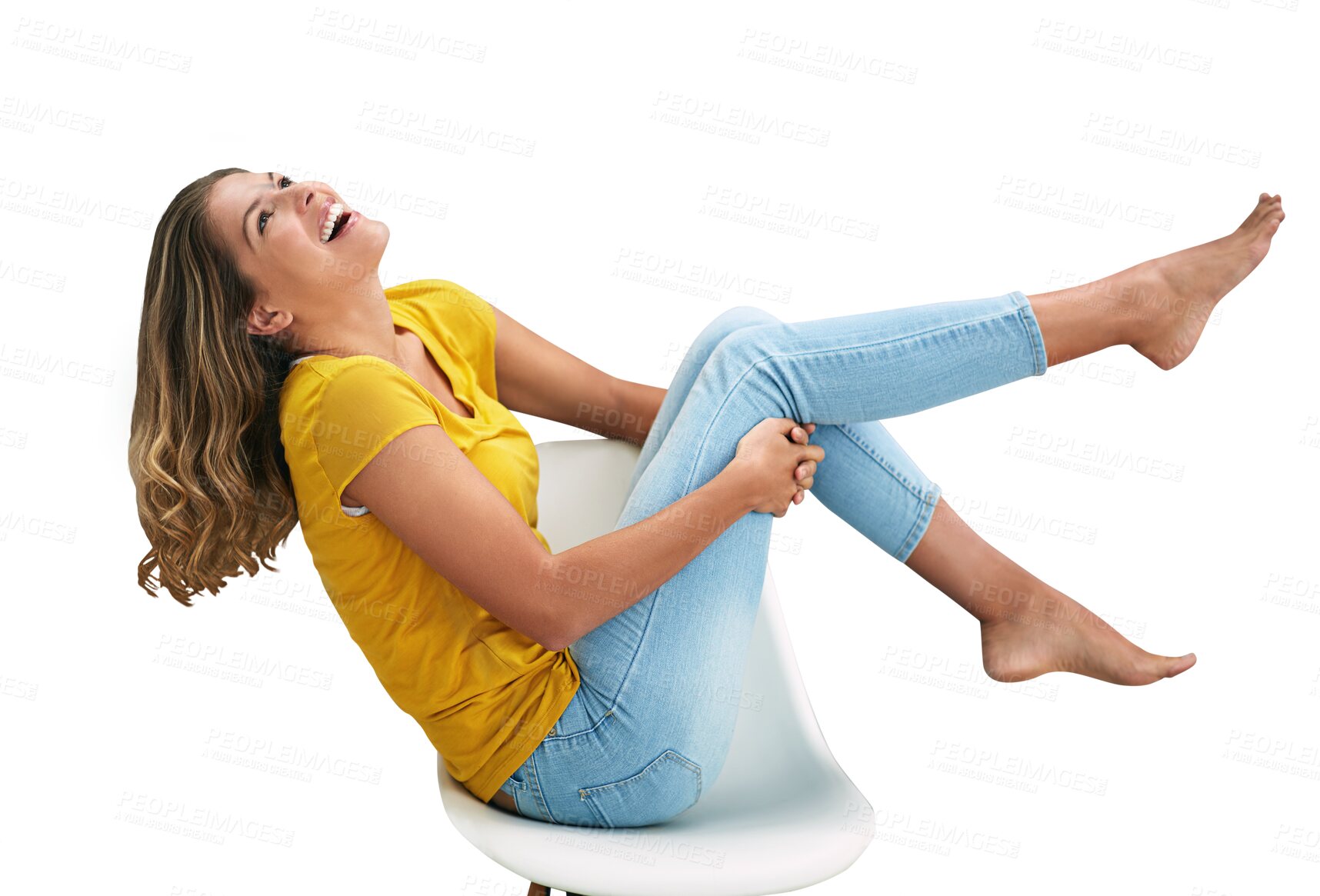 Buy stock photo Happy, fashion and woman on chair laughing on isolated, PNG and transparent background. Humor, funny joke and person with confidence, joy and pride in trendy clothes, modern style and casual outfit