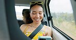 Woman, phone and texting on road trip, car or laugh at meme, comic video and internet for travel. Girl, smartphone and reading in vehicle with funny blog, social network post or story with transport