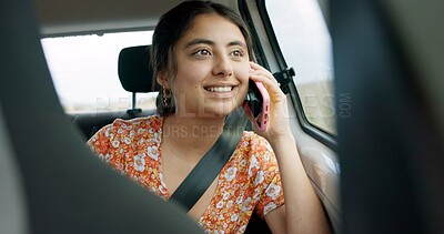 Woman, phone call and road trip in car with talk, chat or conversation by window, journey or travel. Girl, smartphone and speaking with thinking, listen and story on street for transport on holiday