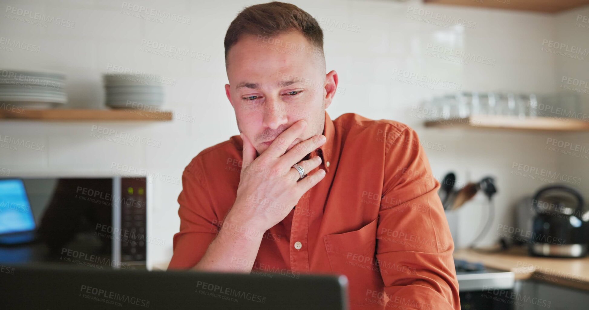 Buy stock photo Man, freelancer and stress or laptop at home, internet connection and typing on technology. Male person, frustration and networking or glitch and 404 error, online research and remote work in kitchen
