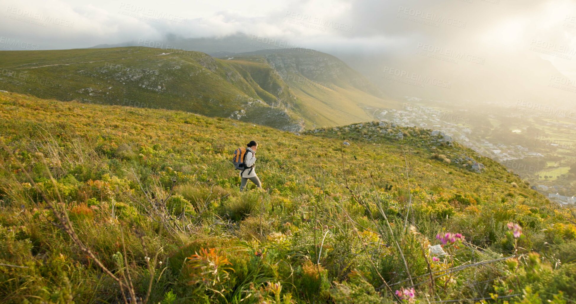 Buy stock photo Woman hiking, walking and travel on mountains for adventure, wellness and health in nature, flowers and plants. Sports person with backpack for trekking on a path, green hill and eco friendly journey