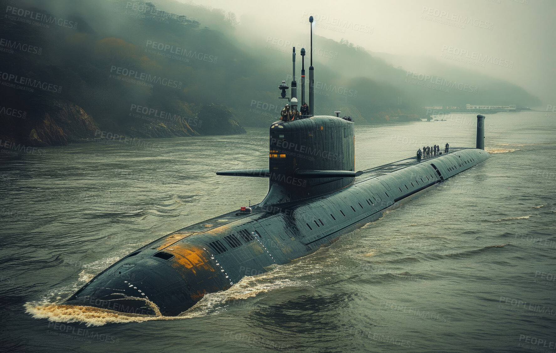 Buy stock photo Navy submarine, river and military for Security, transport, and economics. Canal, safety and military for global delivery. Goods, services and stock for distribution to international market.