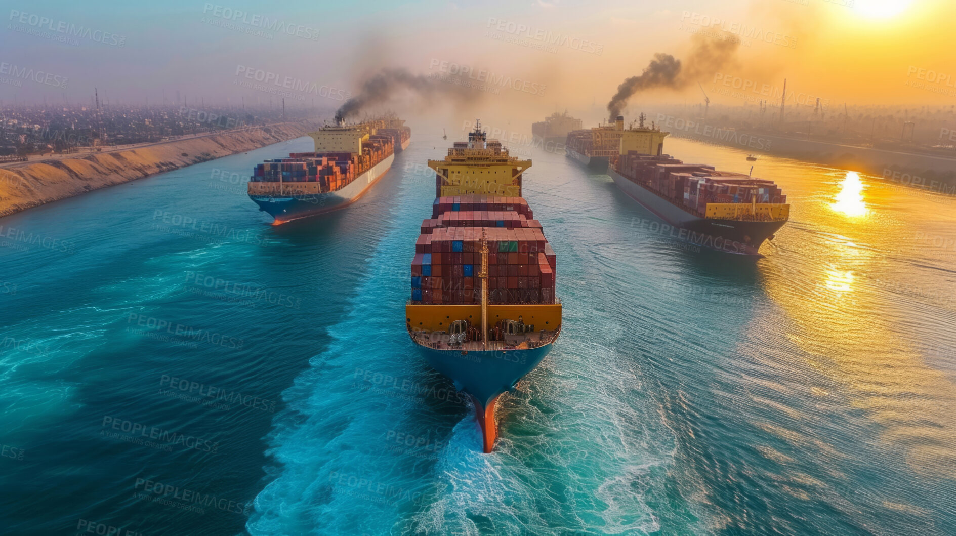 Buy stock photo Cargo ship, Ocean and container for trade, transport, and economics. Freight, long journey and export for global delivery. Goods, services and stock for distribution to international market.