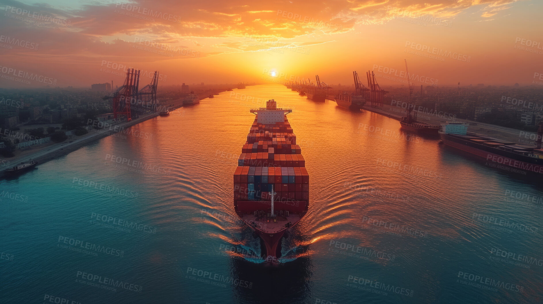 Buy stock photo Cargo ship, Ocean and container for trade, transport, and economics. Freight, long journey and export for global delivery. Goods, services and stock for distribution to international market.