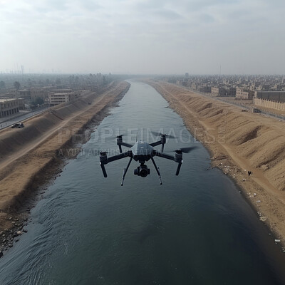 Surveillance drone, silhouette and sunset for Security, transport, and economics. Canal, safety and military for global delivery. Goods, services and stock for distribution to international market.