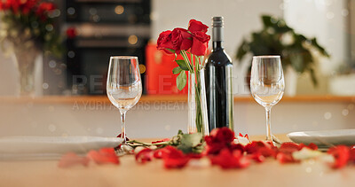 Wine, glass and romance on valentines day for celebration of love, anniversary or honeymoon in still life. Flowers, dinner and elegant date in dining room of home for event, milestone or occasion