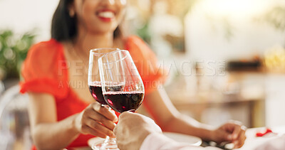 Hands, wine and people with toast for celebration on Valentines day, love and romantic date in relationship. Connection, commitment and couple with drinks for special event or anniversary cheers