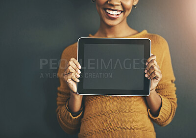 Buy stock photo Woman holding digital tablet with a blank screen, copy space or chromakey for online advertising. Creative female with plain touch screen, branding for business logo or news and marketing.