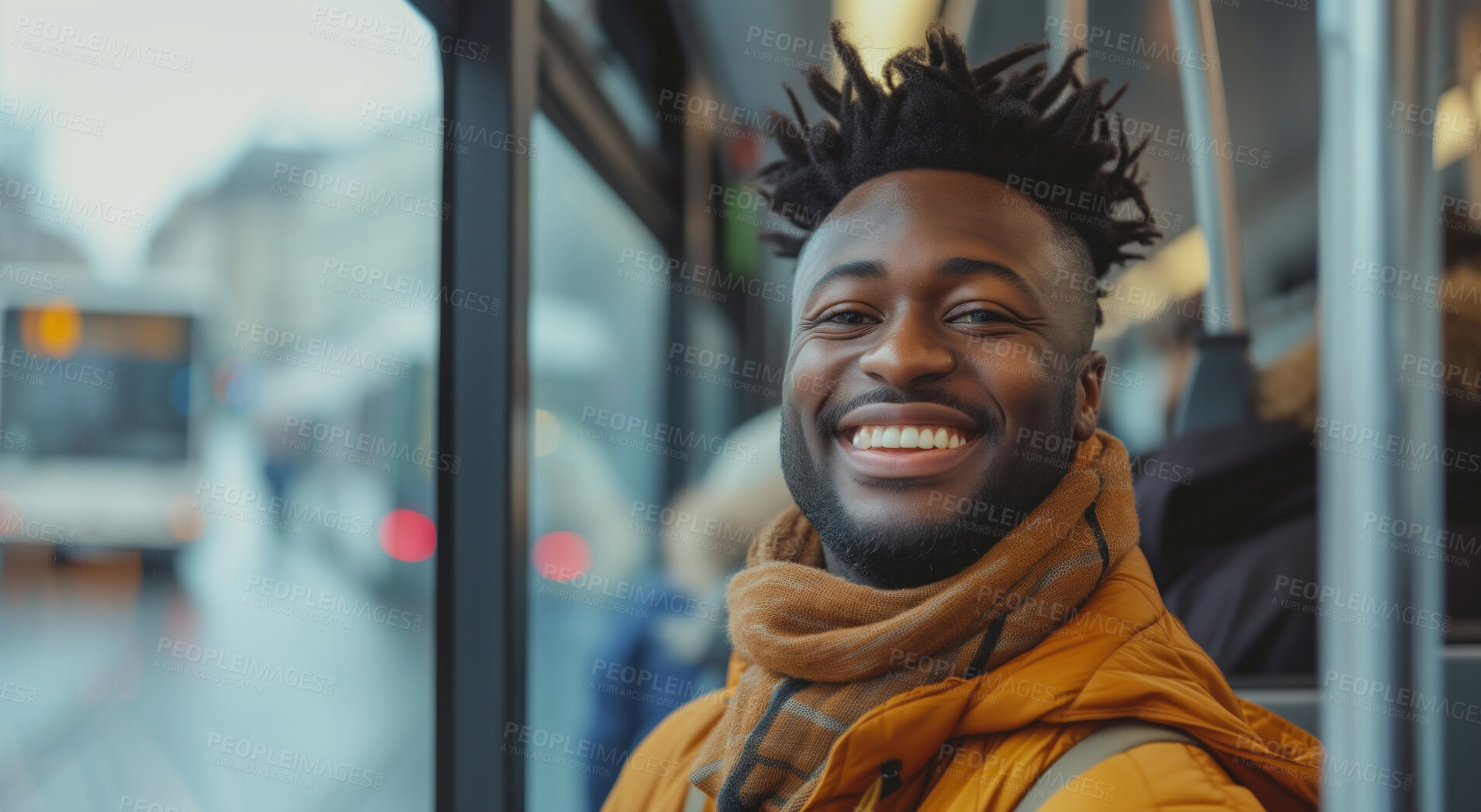 Buy stock photo Man, business entrepreneur and morning bus ride to the office for public transport, commute and travelling. Single male, employee and student in city transportation for travel or urban explore