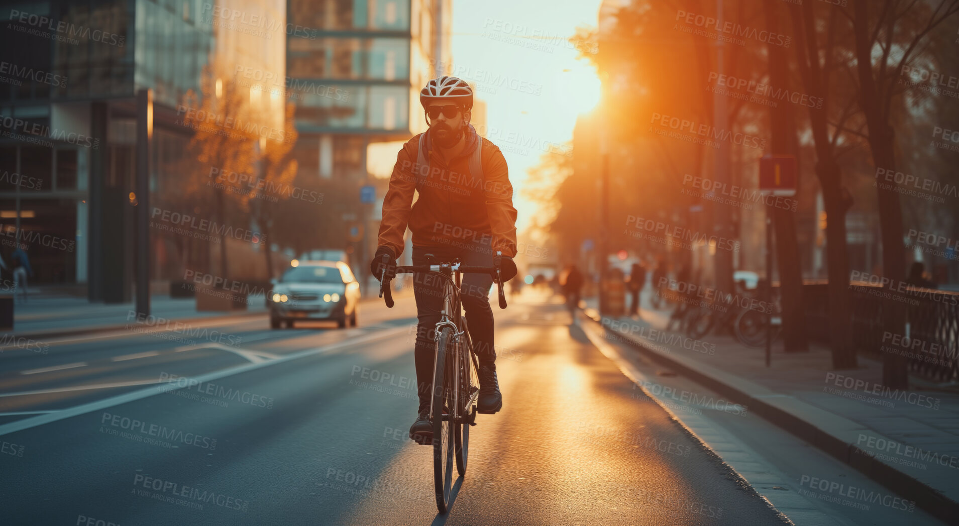 Buy stock photo Man, bicycle and environmentally friendly transport for commute, transportation and travel. Sunrise, morning light and dawn background of male or worker on bike on his way to the office or home