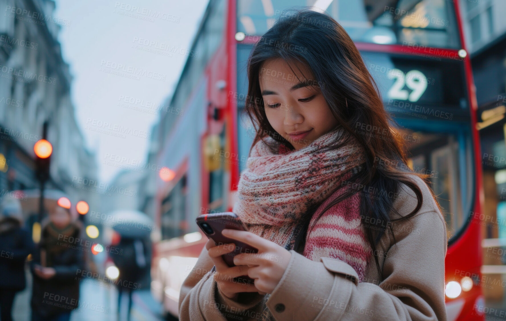 Buy stock photo Smartphone, bus stop and woman waiting for shuttle for public transport, wifi connection and typing text message. Female, employee and student looking for city transportation for travel and explore