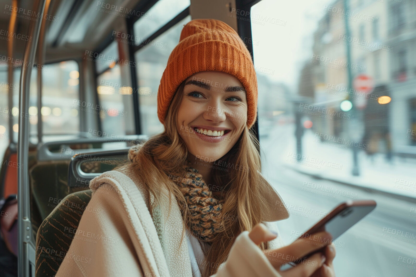 Buy stock photo Woman, smartphone and morning bus ride to the office for public transport, wifi connection and typing text message. Single female, employee and student in city transportation for travel and explore