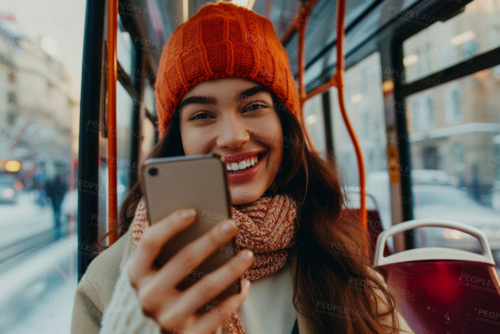 Buy stock photo Woman, smartphone and morning bus ride to the office for public transport, wifi connection and typing text message. Single female, employee and student in city transportation for travel and explore