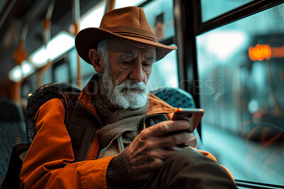 Senior man, smartphone and reading in morning bus ride to destination for public transport, holiday and vacation. Elderly male, pensioner and tourist in city transportation for travel and explore