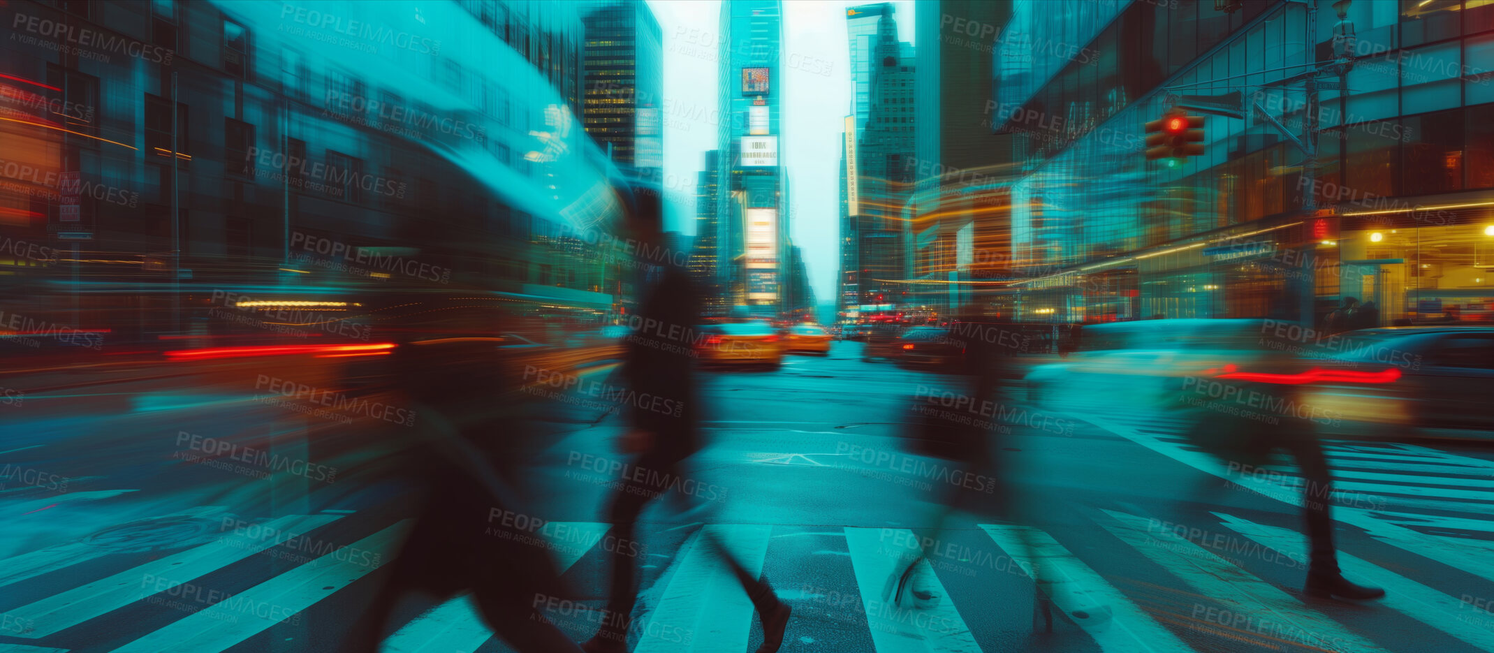 Buy stock photo Abstract, background and group of people walking in the city for population, urban foot traffic and workers. Blurred, movement and pedestrians rushing to work for mockup, copy space and design