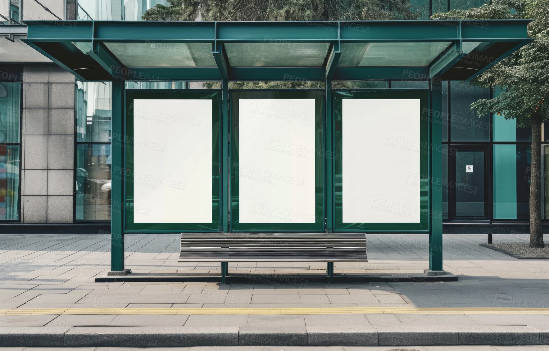 Buy stock photo Bus stop, blank banner and advertisement mockup for graphic design, copyspace or commercial ad. Empty, frame and white clean canvas for advertising, marketing strategy and poster in the urban city