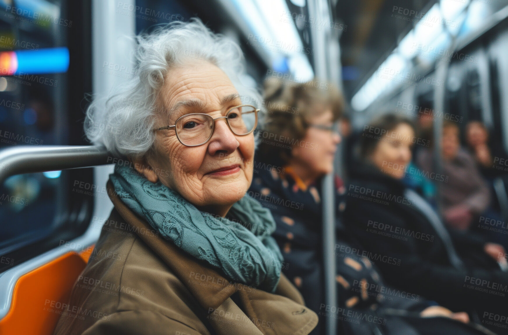 Buy stock photo Senior woman, person and morning bus ride to destination for public transport, holiday and vacation. Elderly female, pensioner and tourist in city transportation for travel and explore