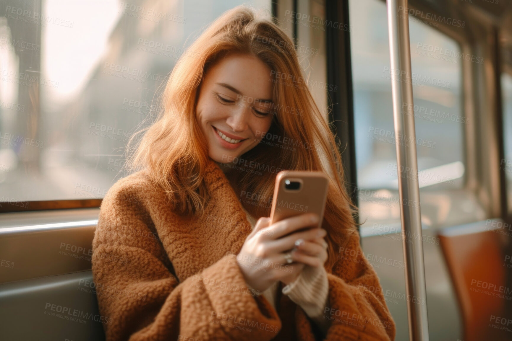 Buy stock photo Woman, smartphone and morning bus ride to the office for public transport, wifi connection and typing text message. Single female, employee and student in city transportation for travel and explore