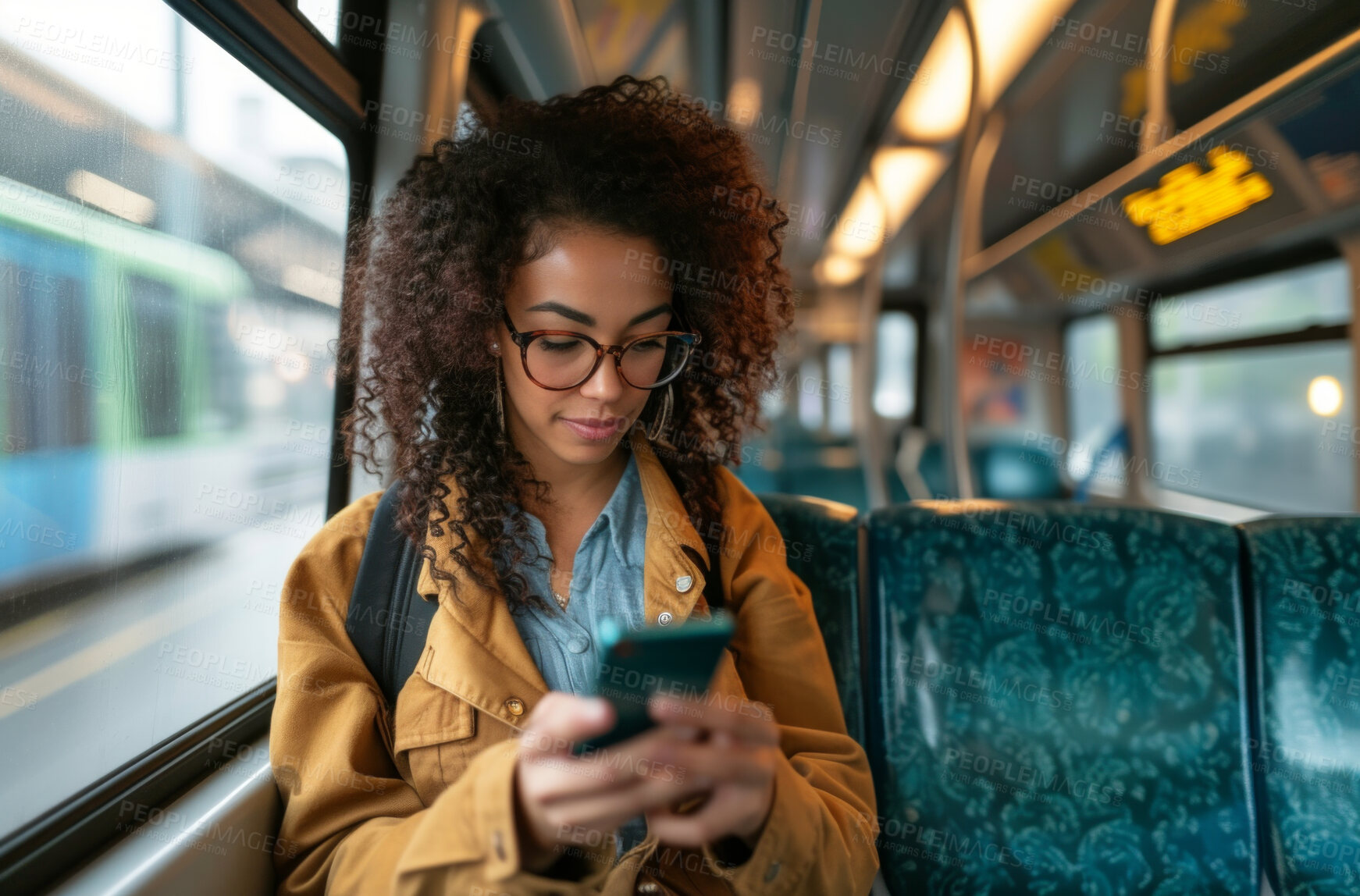 Buy stock photo Woman, smartphone and morning bus ride to the office for public transport, wifi connection and typing text message. Single female, employee and student in city transportation for travel and explore