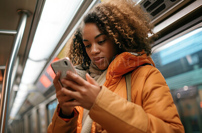 Woman, smartphone and morning bus ride to the office for public transport, wifi connection and typing text message. Single female, employee and student in city transportation for travel and explore