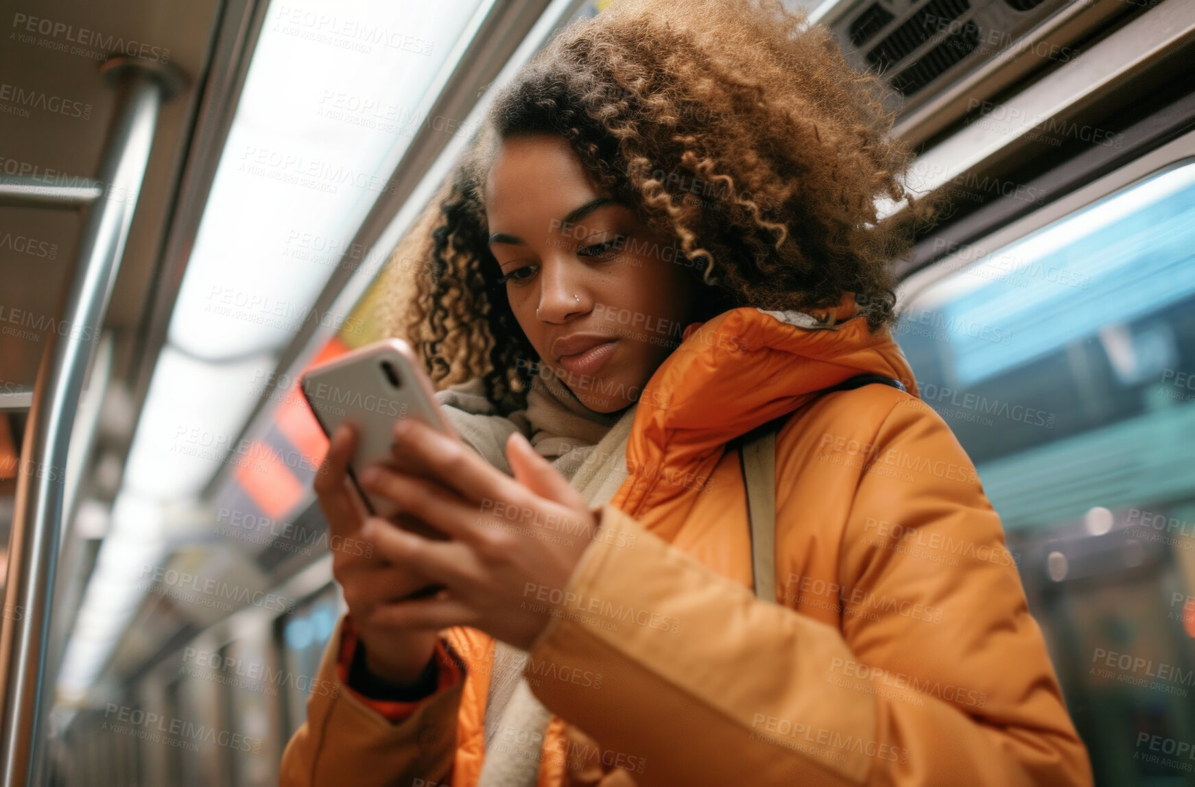 Buy stock photo Woman, smartphone and morning bus ride to the office for public transport, wifi connection and typing text message. Single female, employee and student in city transportation for travel and explore