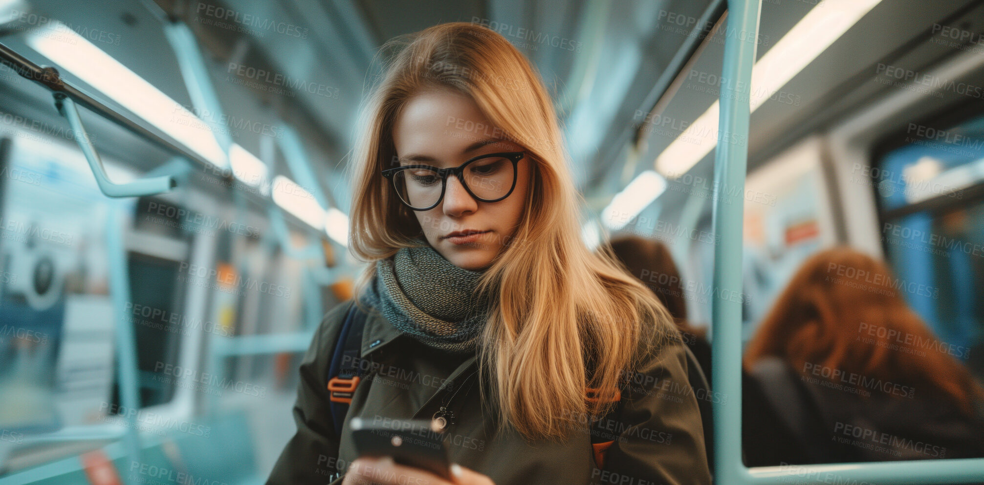 Buy stock photo Woman, smartphone and morning bus ride to the office for public transport, wifi connection and typing text message. Single female, employee and student in city transportation for travel and explore