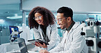 Science, teamwork and scientist with tablet in laboratory for communication, pharmaceutical review or planning. Employees, collaboration and technology for research, discussion and digital analysis