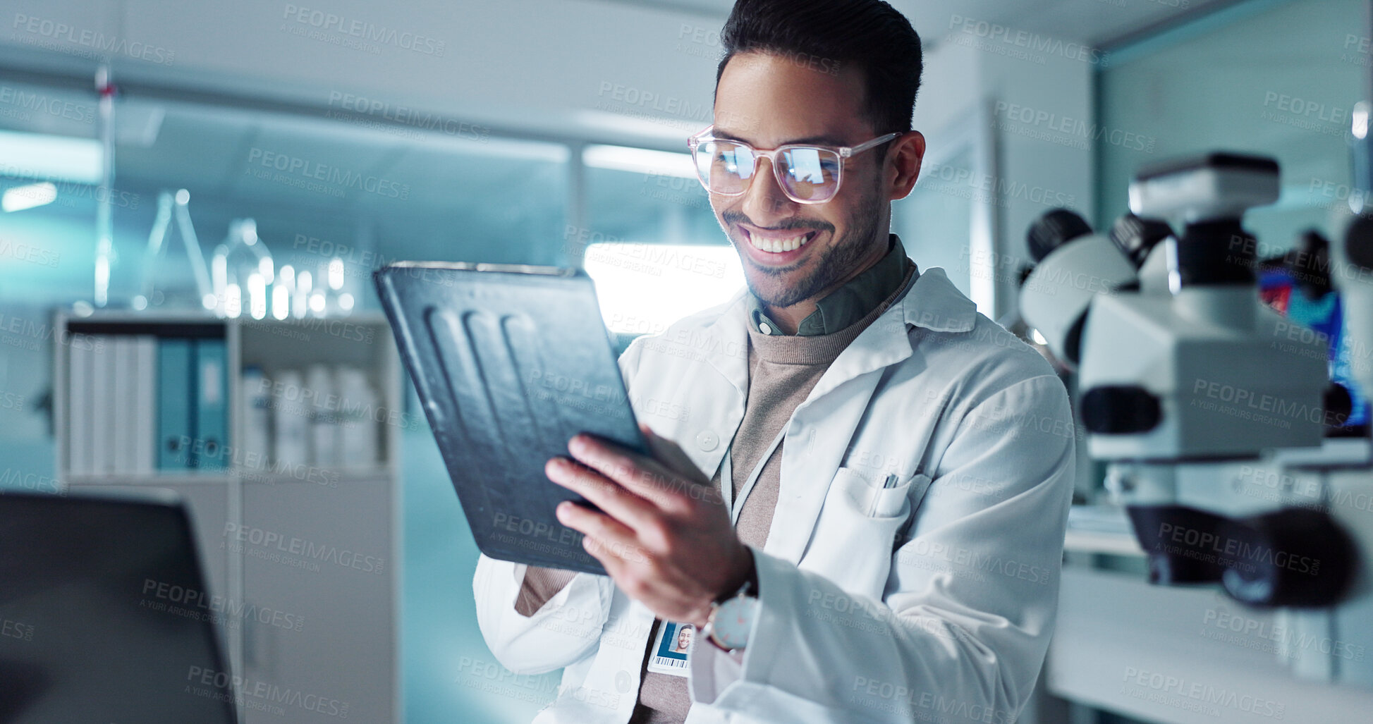 Buy stock photo Tablet, scientist and reading for analysis in laboratory, healthcare and online pharmaceutical research . Asian expert, computer and microscope for medicine and information on innovation cure at work