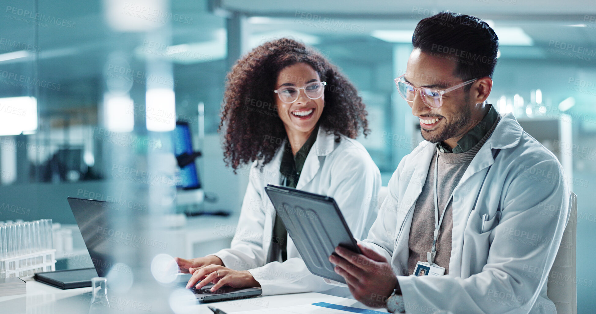 Buy stock photo Science, teamwork and laptop with laughing in laboratory for communication, pharmaceutical review or planning. Employees, collaboration and technology for research, discussion and digital analysis