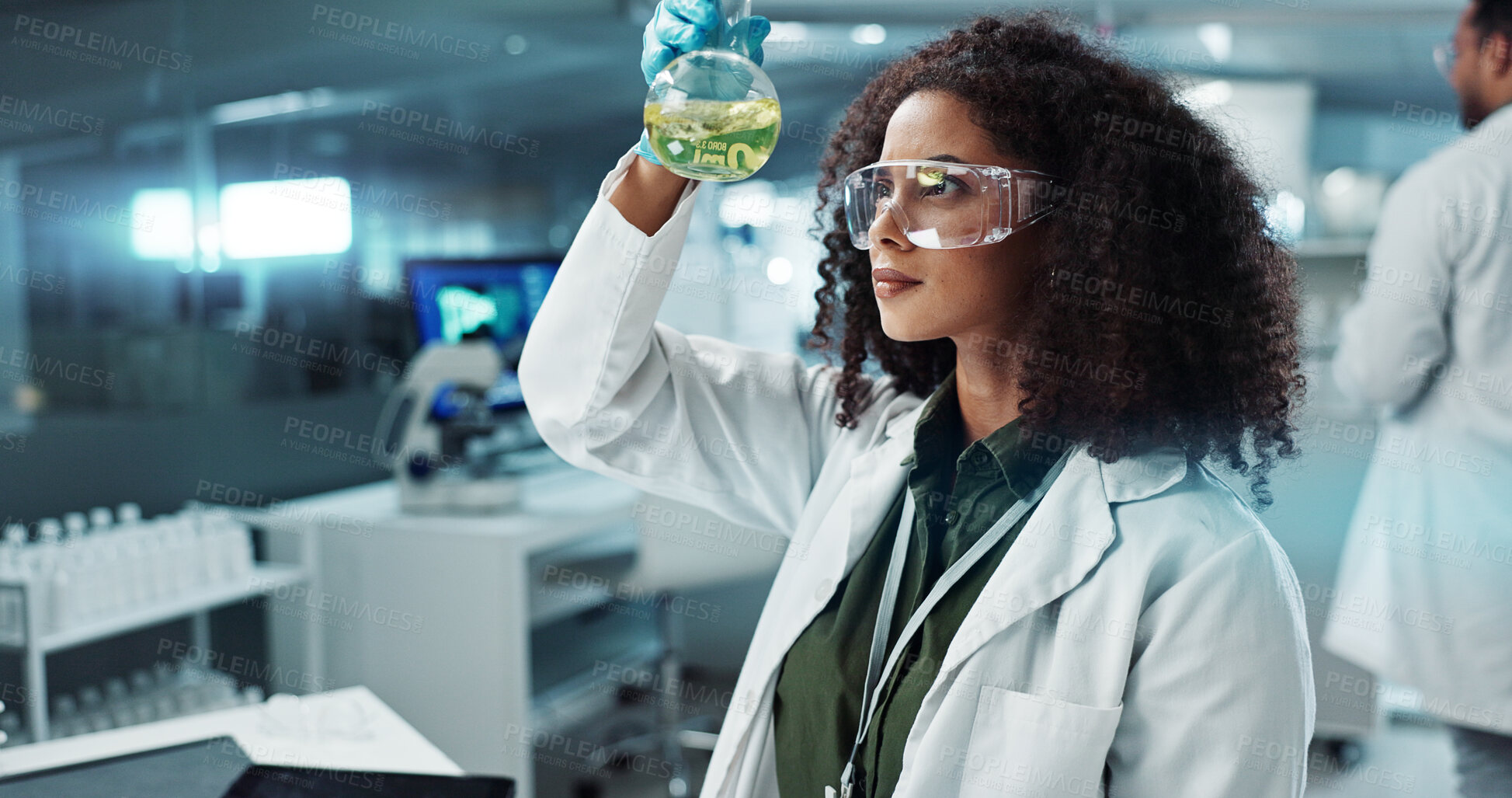 Buy stock photo Scientist, woman and chemical with laptop in laboratory for chemistry experiment, test sample and research. Science, person and liquid inspection for clinical analysis, expert investigation and study