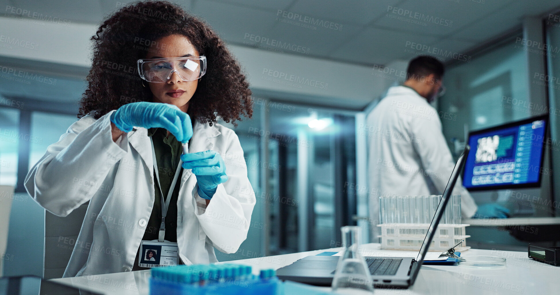 Buy stock photo Woman, scientist or blood vial for testing in laboratory, healthcare or pathology to label on test tube. Biotechnology, pharmaceutical and laptop by doctor and online scientific results in phlebotomy