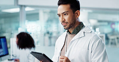 Man, thinking or scientist with tablet in laboratory or online research of genetics in healthcare. Asian doctor, reading or idea in digital pharmaceutical database or smile for medicine breakthrough