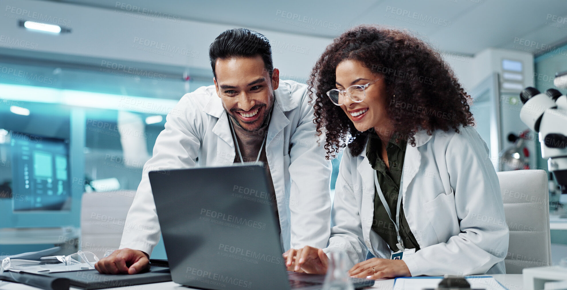 Buy stock photo Science, teamwork and scientist with tablet in laboratory for communication, pharmaceutical review or planning. Employees, collaboration and technology for research, discussion and digital analysis