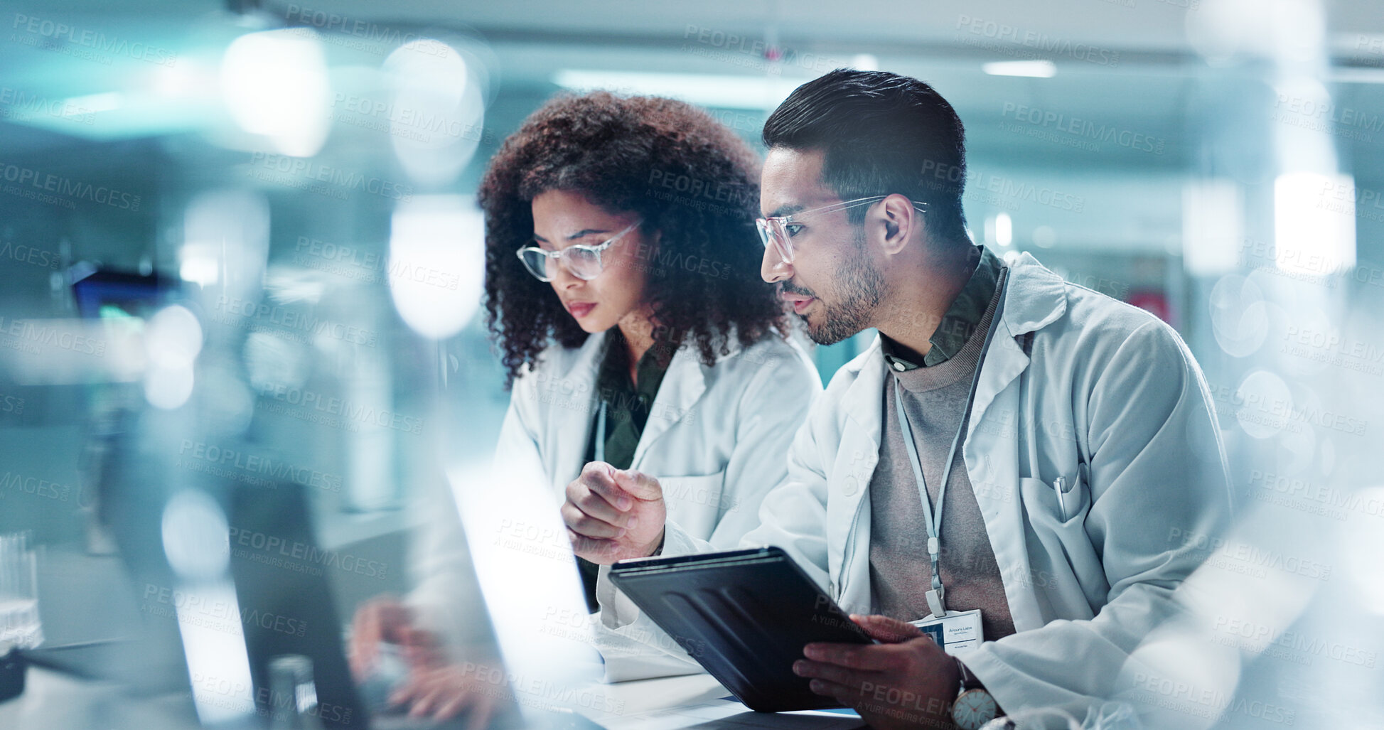 Buy stock photo Science, teamwork and laptop with laughing in laboratory for communication, pharmaceutical review or planning. Employees, collaboration and technology for research, discussion and digital analysis