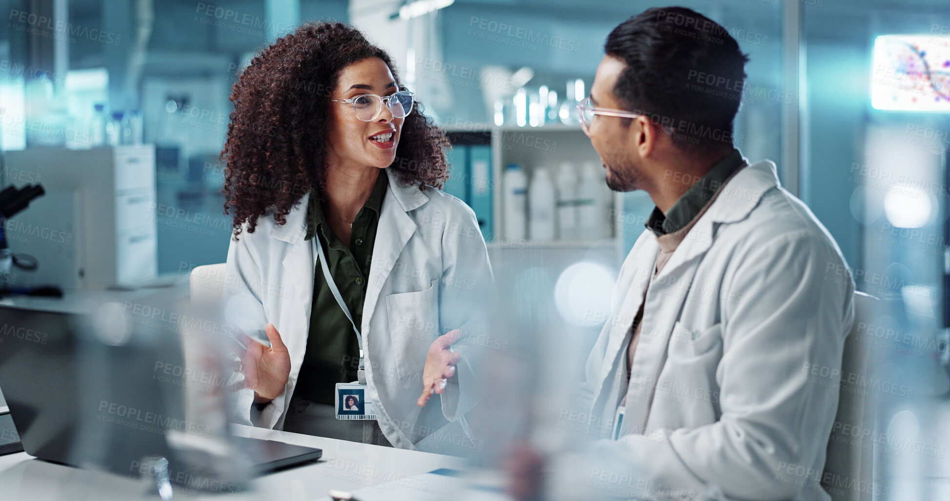 Buy stock photo Science, teamwork and scientist with laptop in laboratory for communication, pharmaceutical review or planning. Employees, collaboration and technology for research, discussion and digital analysis