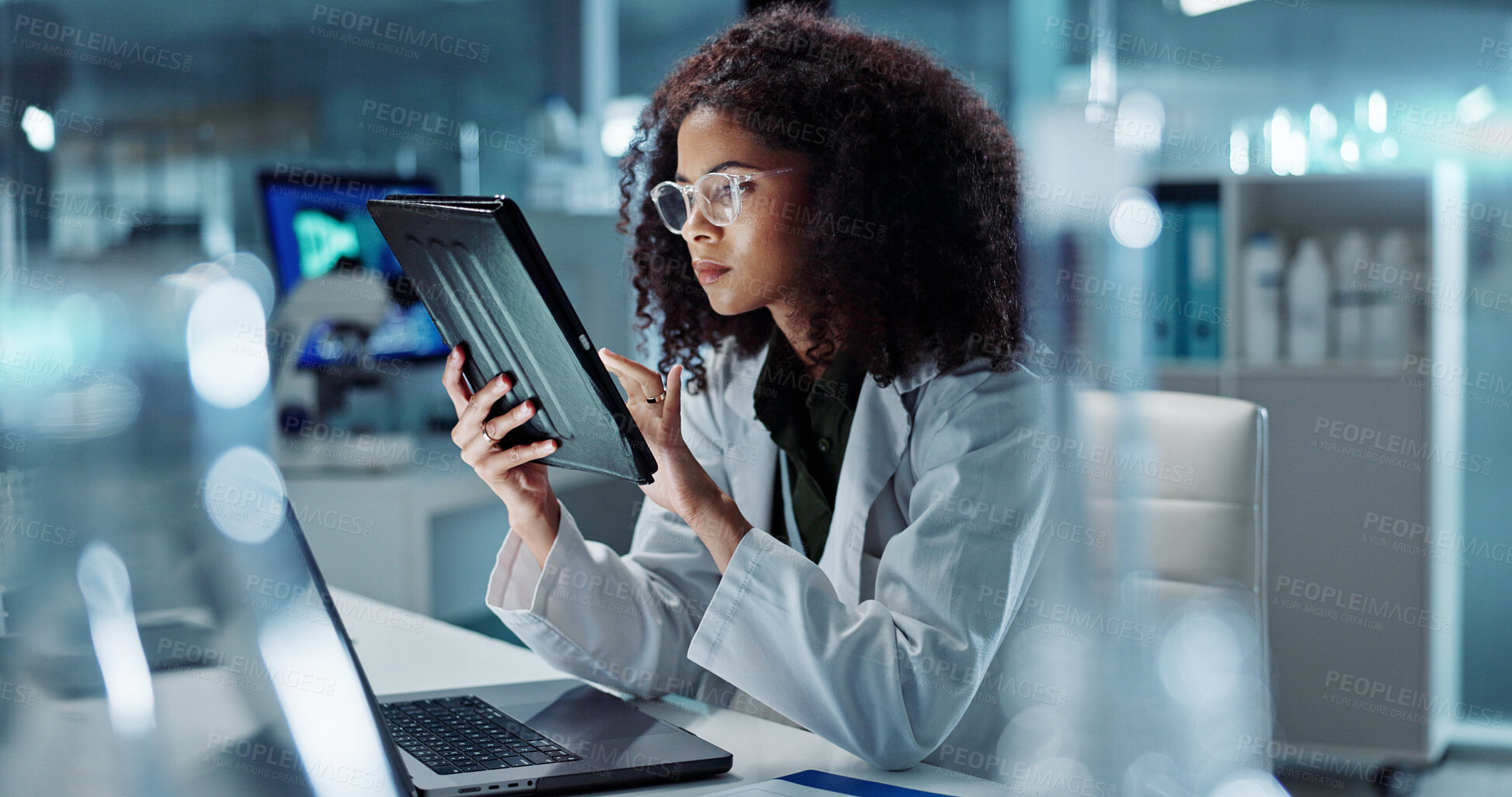 Buy stock photo Tablet, scientist and happy for research in laboratory, healthcare and reading of online pharmaceutical innovation. Woman doctor, technology or connection for analysis or information in biotechnology