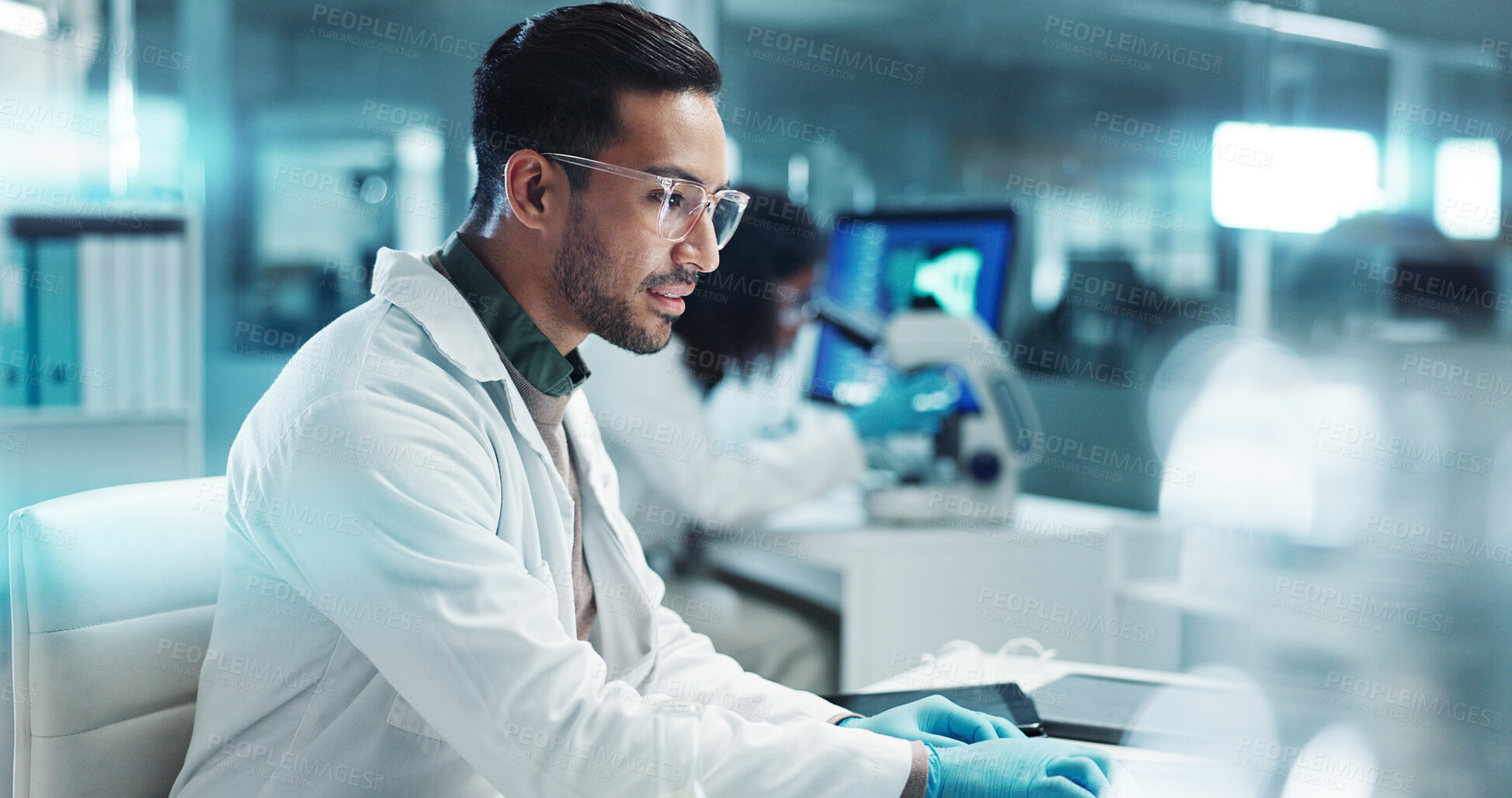 Buy stock photo Laptop, man or scientist with microscope or research in lab for a chemistry report or medical test feedback. Bacteria, person typing or science update for online medicine development news on website