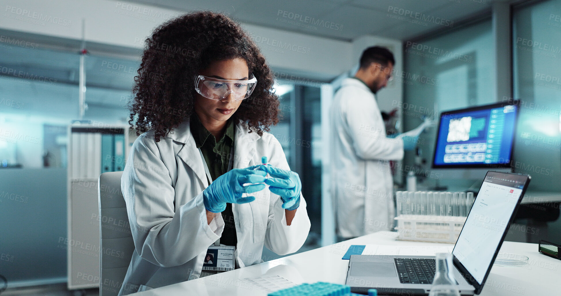 Buy stock photo Woman, scientist or blood vial for exam in laboratory, healthcare or pathology to label on test tube. Biotechnology, pharmaceutical and laptop by doctor and online scientific results in phlebotomy